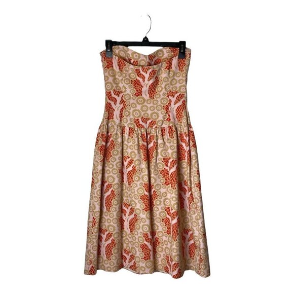Tibi Pink And Gold Tree Print Cotton Strapless Knee Length Fit And Flare Dress 2 - Picture 5 of 10